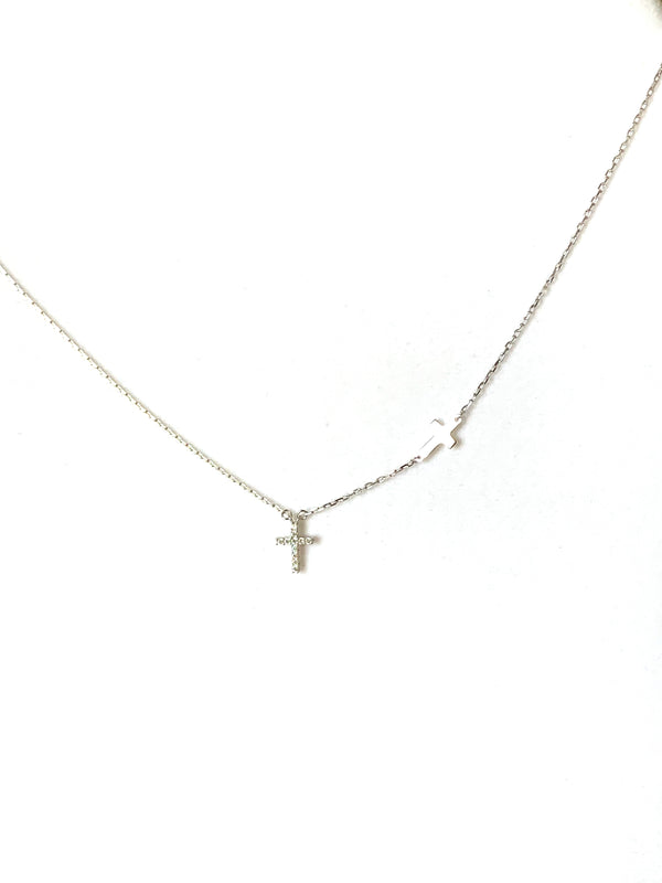 Necklace yellow gold or sterling silver two crosses pendant - Ilumine Gallery Store dainty jewelry affordable fine jewelry