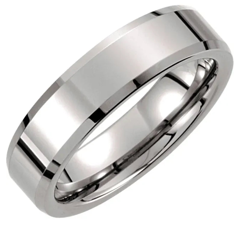 White Tungsten Beveled Men's Rings