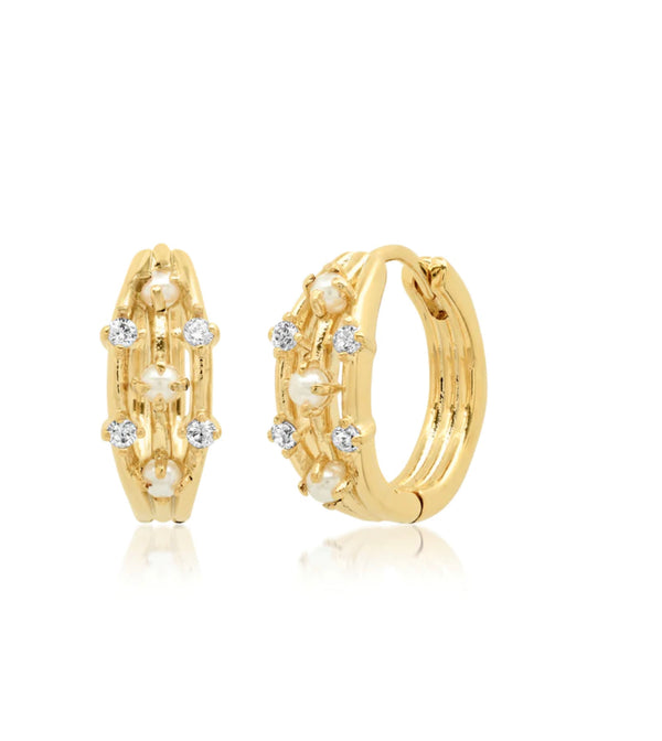 Gold Pearl and CZ Huggie Hoop Earrings