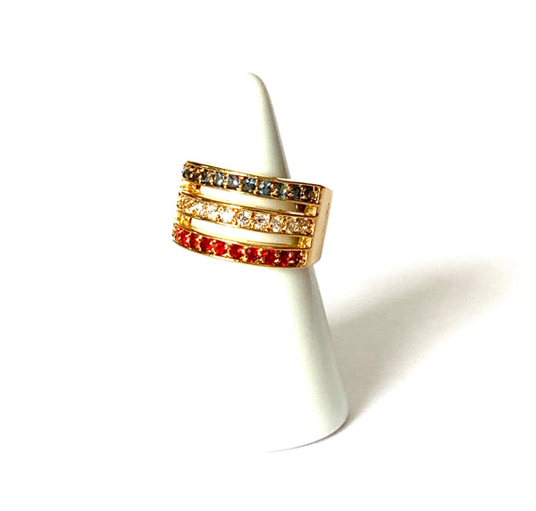 Ring yellow gold with red, blue, & white crystals - Ilumine Gallery Store dainty jewelry affordable fine jewelry
