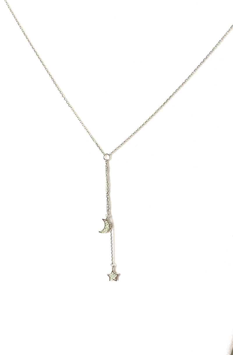 Necklace sterling silver crystal moon and star lariat - Ilumine Gallery Store dainty jewelry affordable fine jewelry