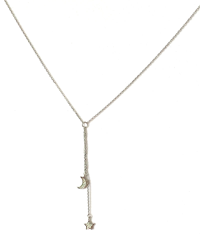 Necklace sterling silver crystal moon and star lariat - Ilumine Gallery Store dainty jewelry affordable fine jewelry